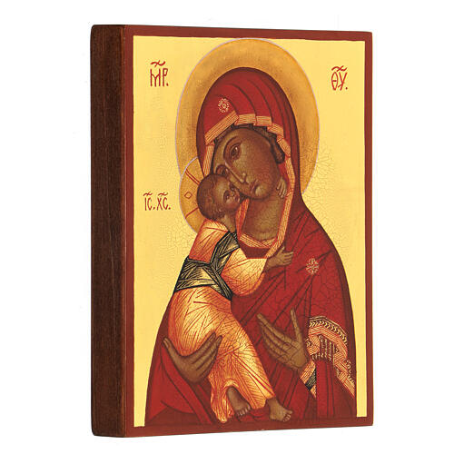 Hand-painted Russian icon of the Virgin of Vladimir by Rublev, red mantle, 14x10 cm 3