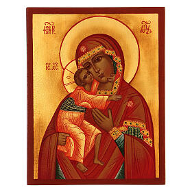 Russian painted icon of the Mother of God of Feodor, red cloak, 14x10 cm