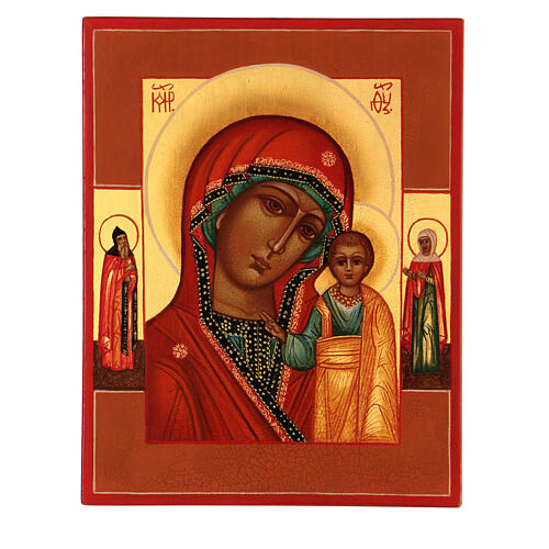 Icona russa Madonna di Kazan con due santi 14x10 1