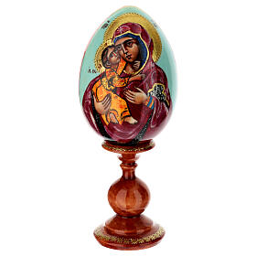 Hand-painted wooden egg, Virgin of Vladimir, light blue background, 8 in