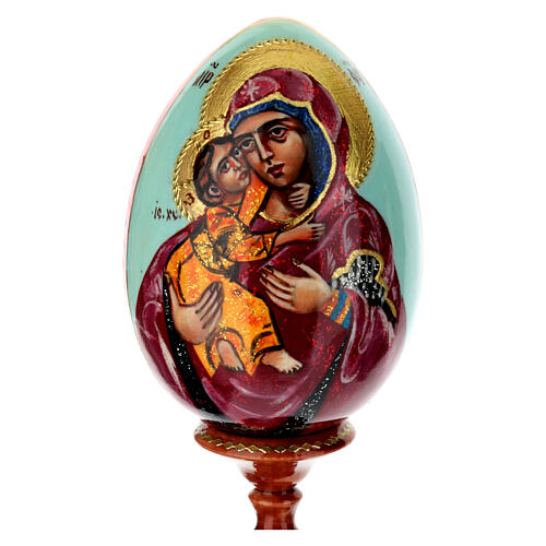Hand-painted wooden egg, Virgin of Vladimir, light blue background, 8 in 2