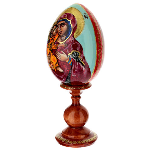 Hand-painted wooden egg, Virgin of Vladimir, light blue background, 8 in 3