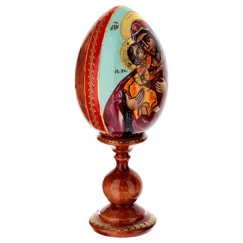 Hand-painted wooden egg, Virgin of Vladimir, light blue background, 8 in 4