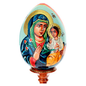 Uovo iconografico Madonna del Giglio Bianco dipinto su sfondo celeste 20 cm