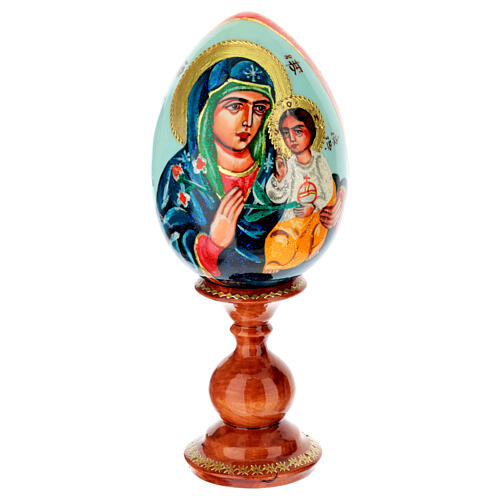 Uovo iconografico Madonna del Giglio Bianco dipinto su sfondo celeste 20 cm 1