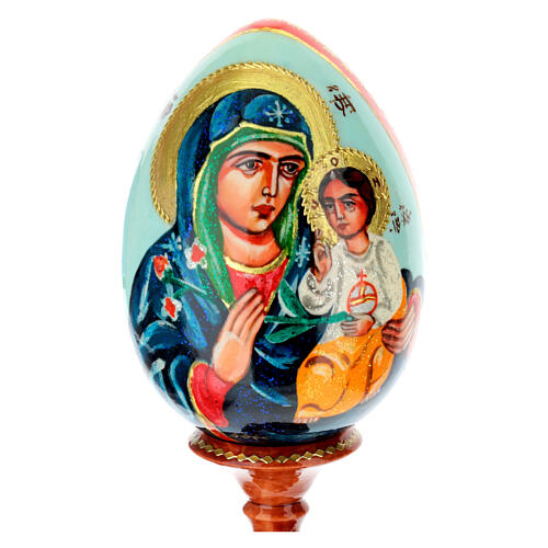 Uovo iconografico Madonna del Giglio Bianco dipinto su sfondo celeste 20 cm 2