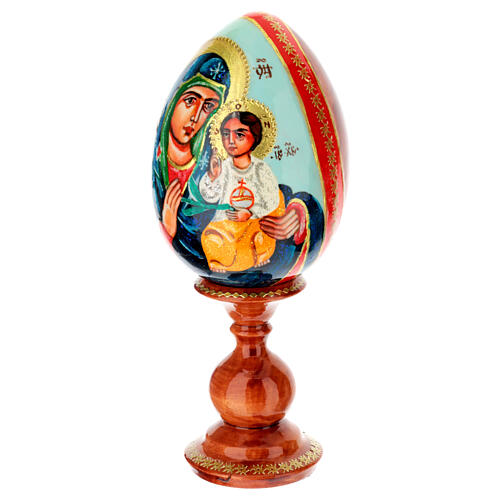 Uovo iconografico Madonna del Giglio Bianco dipinto su sfondo celeste 20 cm 3