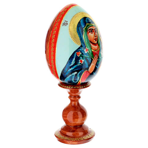 Uovo iconografico Madonna del Giglio Bianco dipinto su sfondo celeste 20 cm 4
