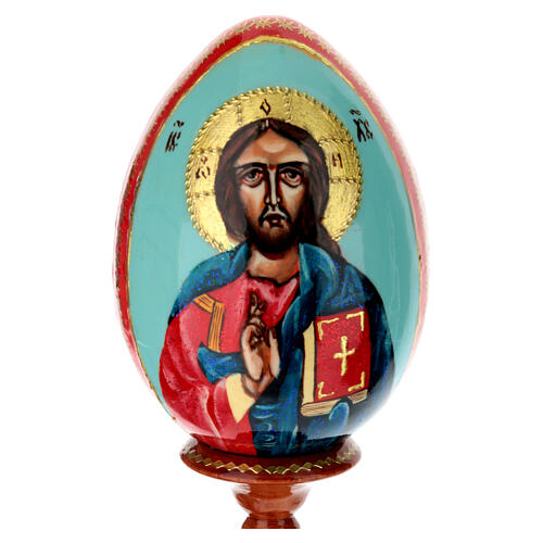 Hand-painted wooden egg with Christ Pantocrator on light blue background, 8 in 2