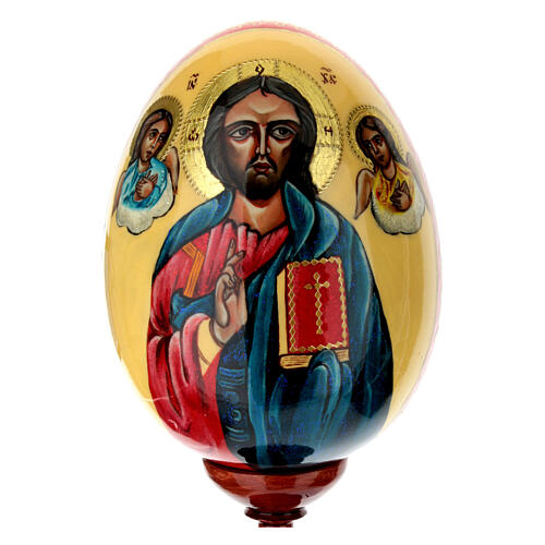 Huevo de madera pintado a mano Cristo Pantocrátor con fondo nata 30 cm 2