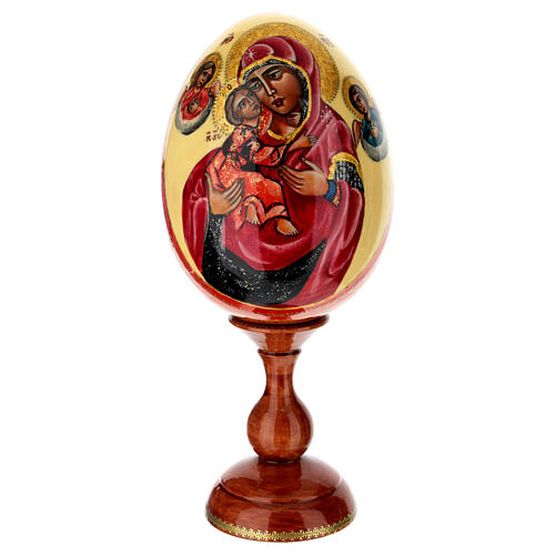 Wooden egg with hand-painted icon, Vladimir Mother of God and angels on ivory-coloured background, 12 in 1