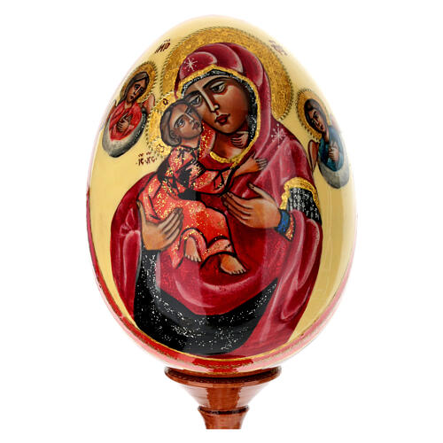 Wooden egg with hand-painted icon, Vladimir Mother of God and angels on ivory-coloured background, 12 in 2