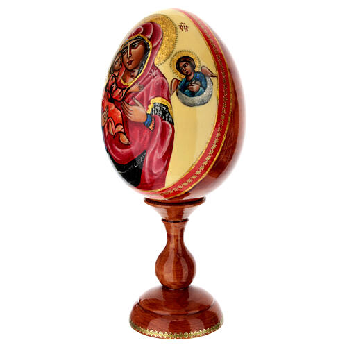 Wooden egg with hand-painted icon, Vladimir Mother of God and angels on ivory-coloured background, 12 in 3