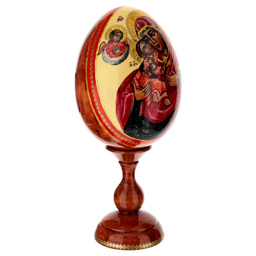 Wooden egg with hand-painted icon, Vladimir Mother of God and angels on ivory-coloured background, 12 in 4