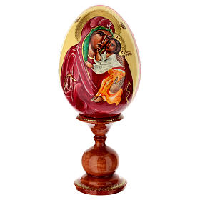 Oeuf en bois peint main Mère de Dieu Iaroslavskaïa sur fond crème 25 cm