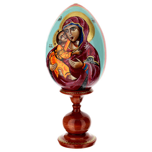 Hand-painted wooden egg, Our Lady of Vladimir on light blue background, 10 in 1