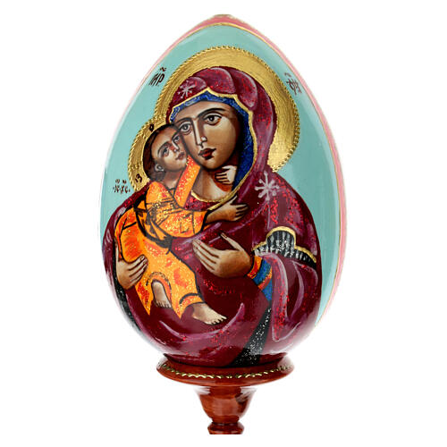 Uovo dipinto su legno Madonna di Vladimirskaya su fondo celeste 25 cm 2