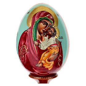 Painted wooden egg on light blue background, Mother of God of Yaroslavl, 10 in