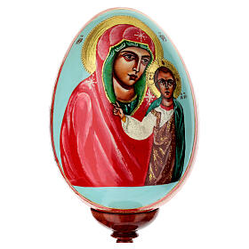 Huevo iconográfico pintado a mano con fondo celeste Virgen de Kazanskaya 25 cm