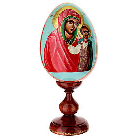 Uovo iconografico dipinto a mano su fondo celeste Madonna di Kazanskaya 25 cm