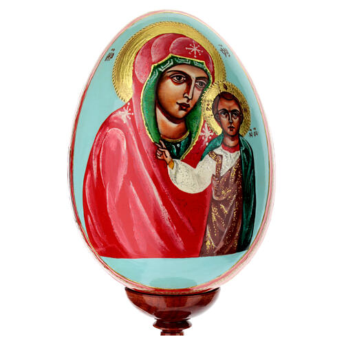 Uovo iconografico dipinto a mano su fondo celeste Madonna di Kazanskaya 25 cm 2
