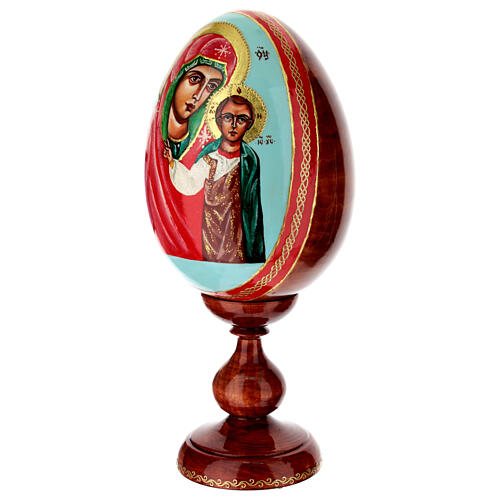 Uovo iconografico dipinto a mano su fondo celeste Madonna di Kazanskaya 25 cm 3