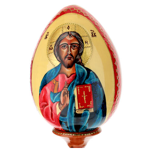 Hand-painted egg with Christ Pantocrator icon on ivory-coloured background, 10 in 2