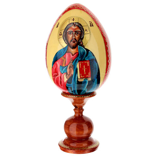 Huevo pintado a mano con fondo nata Cristo Pantocrátor 25 cm 1