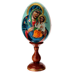 Wooden egg, Our Lady of the Lilies on light blue background, 10 in