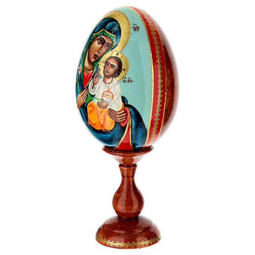 Wooden egg, Our Lady of the Lilies on light blue background, 10 in 3