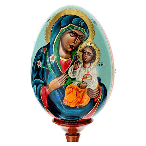 Wooden egg of Our Lady of White Lily light blue background 25 cm 2