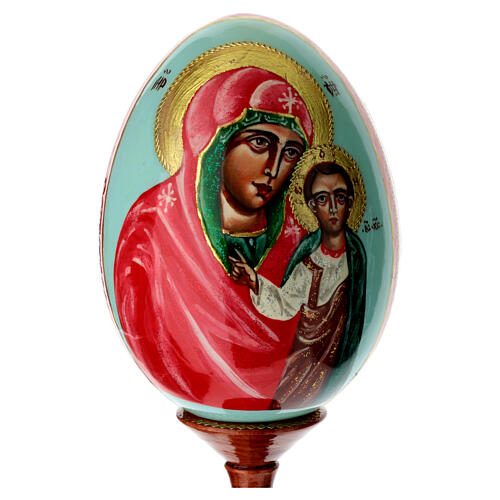 Huevo iconográfico pintado con fondo celeste Virgen Kazanskaya 25 cm 2