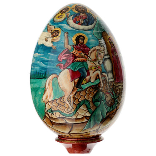 Hand-painted Russian wooden egg, Saint George and dragon, total height 18.5 in 2
