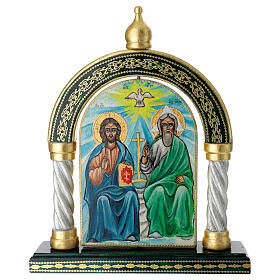 Modern Russian icon with double-faced arch of the Trinity, Madonna and Child, 30x25 cm