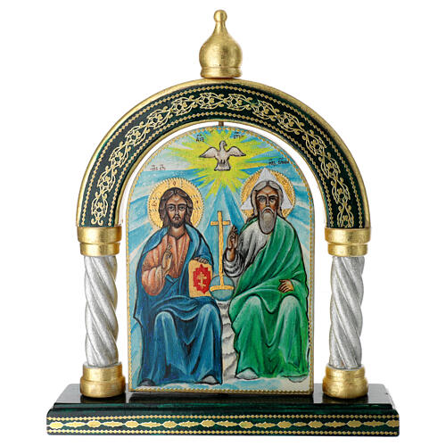 Modern Russian icon with double-faced arch of the Trinity, Madonna and Child, 30x25 cm 1