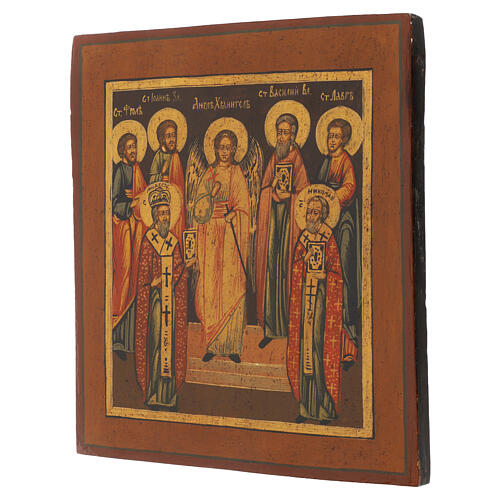 Russian icon on antique board, Guardian Angel and selected Saints, 19th century, 14.2x12.6 in, restored 3