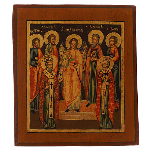 Ancient Russian icon of Guardian Angel and chosen Saints, 19th century, 36x32 cm, restored 1