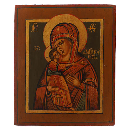 Icône russe ancienne Notre-Dame de Vladimir XIXe siècle 31x26 cm restaurée 1