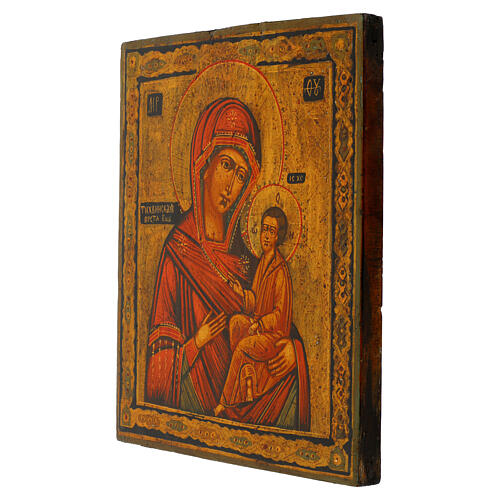 Ícone Tikhvin da Mãe de Deus tábua antiga russa pintada à mão e restaurada 30x26 cm 3