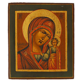 Hand-painted Russian antique icon of the Mother of God of Kazan, restored, 12.2x10.6 in