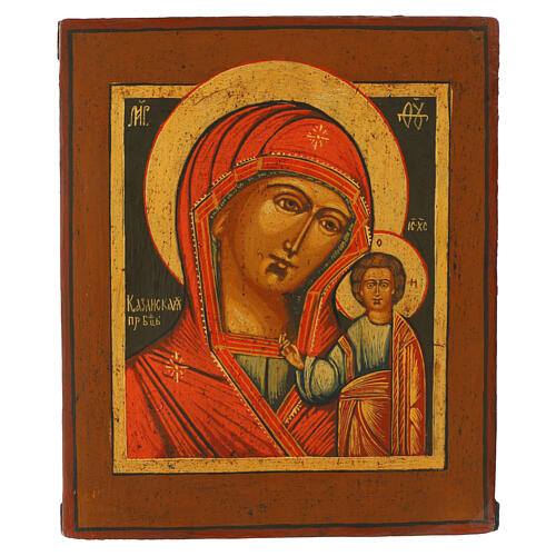 Ancient restored icon painted on panel Kazan Mother of God 32x27 cm 1