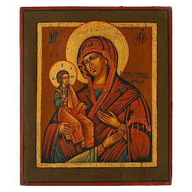 Antique hand-painted Russian icon on wooden board, restored, Mother of God of the Three Hands, 11.8x10.2 in