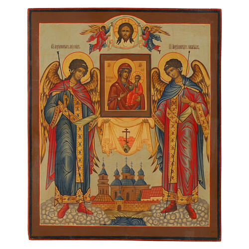 Hand-painted Russian icon of Archangels Michael and Gabriel, 12x10 in 1