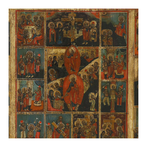 Antique icon of the Sixteen Great Feasts and Passion Cycle, 19th century, 17x13 in, Russia 2