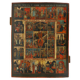 Icon 16 Great Feasts and Passion Cycle Ancient XIX Century, Russia 44x34 cm