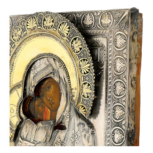 Ancient Russian icon, Our Lady of Vladimir with silver riza, 9x8 in, 19th century, Russia 4