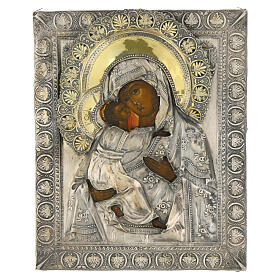 Icône ancienne Notre-Dame de Vladimir riza argent 23x20 cm XIXe siècle Russie