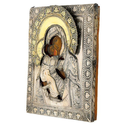 Icona antica Madonna di Vladimir riza argento 23x20 cm XIX sec Russia 3
