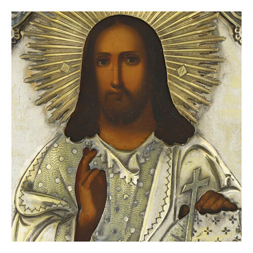 Antike russische Ikone, Christus Pantokrator mit Metallriza, neunzehntes Jahrhundert, 28 x 22 cm 2