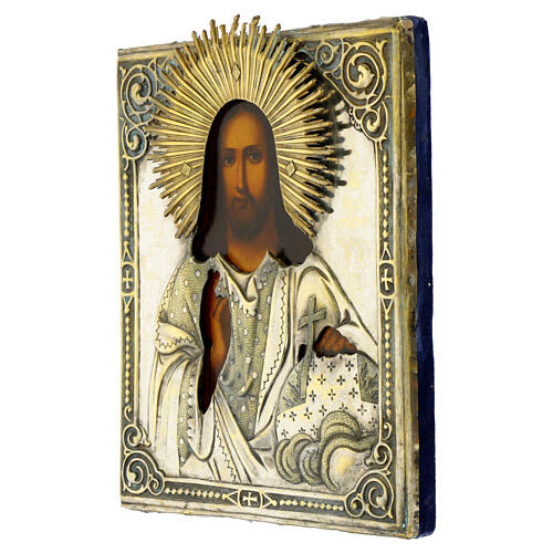Antike russische Ikone, Christus Pantokrator mit Metallriza, neunzehntes Jahrhundert, 28 x 22 cm 3